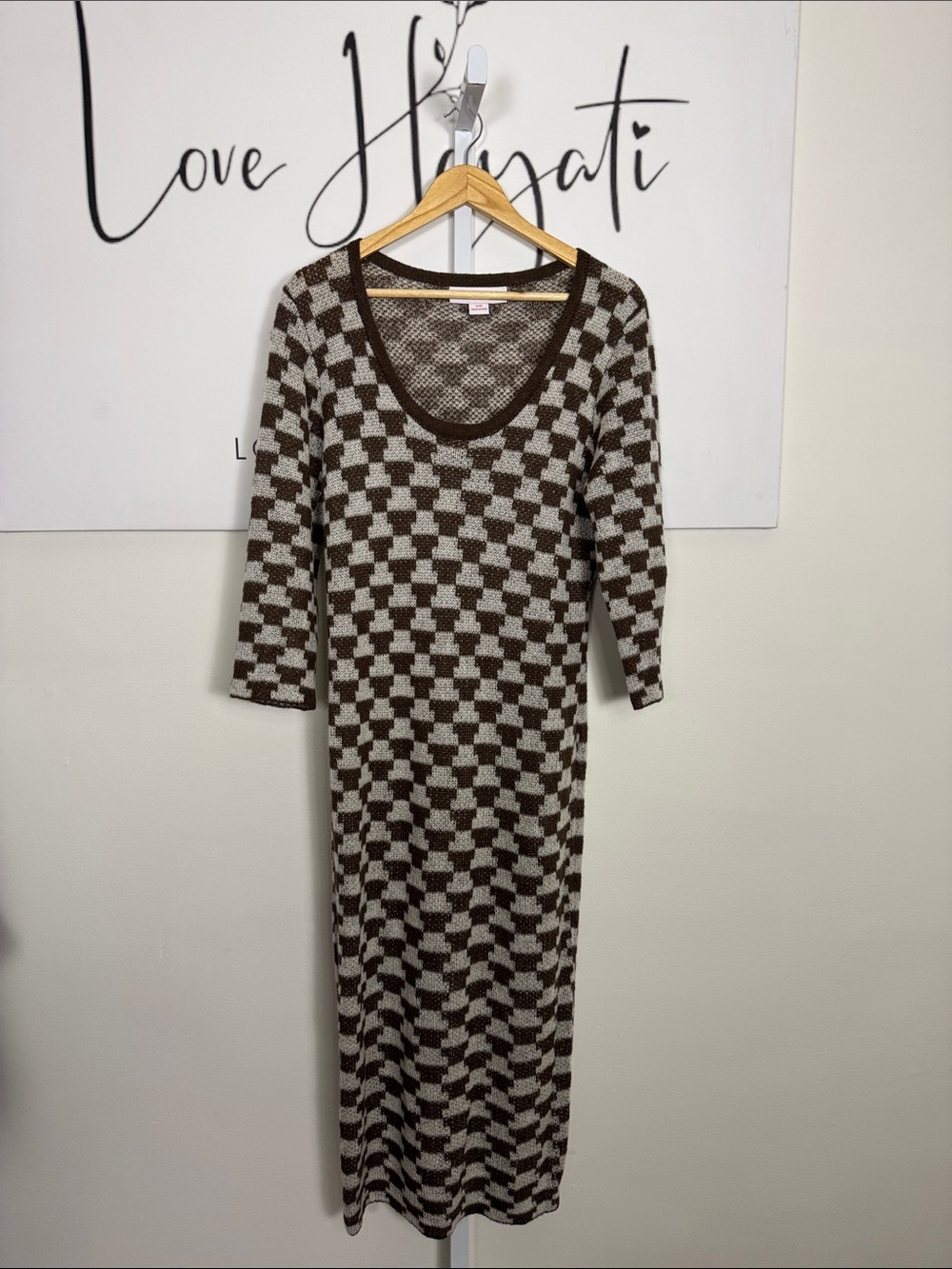 Lisa Says Gah Checkerboard Knit Midi Maxi Dress in Brown Size XL 2X Wool Mohair